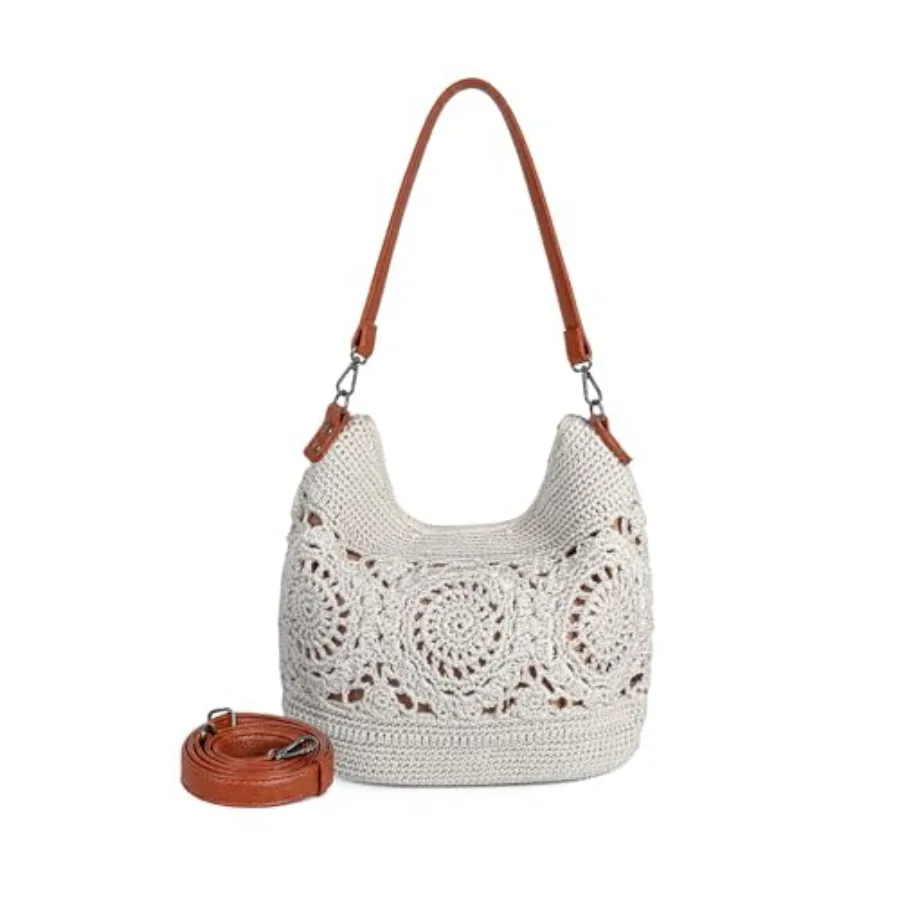 

Boho crochet crossbody bag for summer beach travel and daily use, handmade cotton, beige, lightweight and spacious