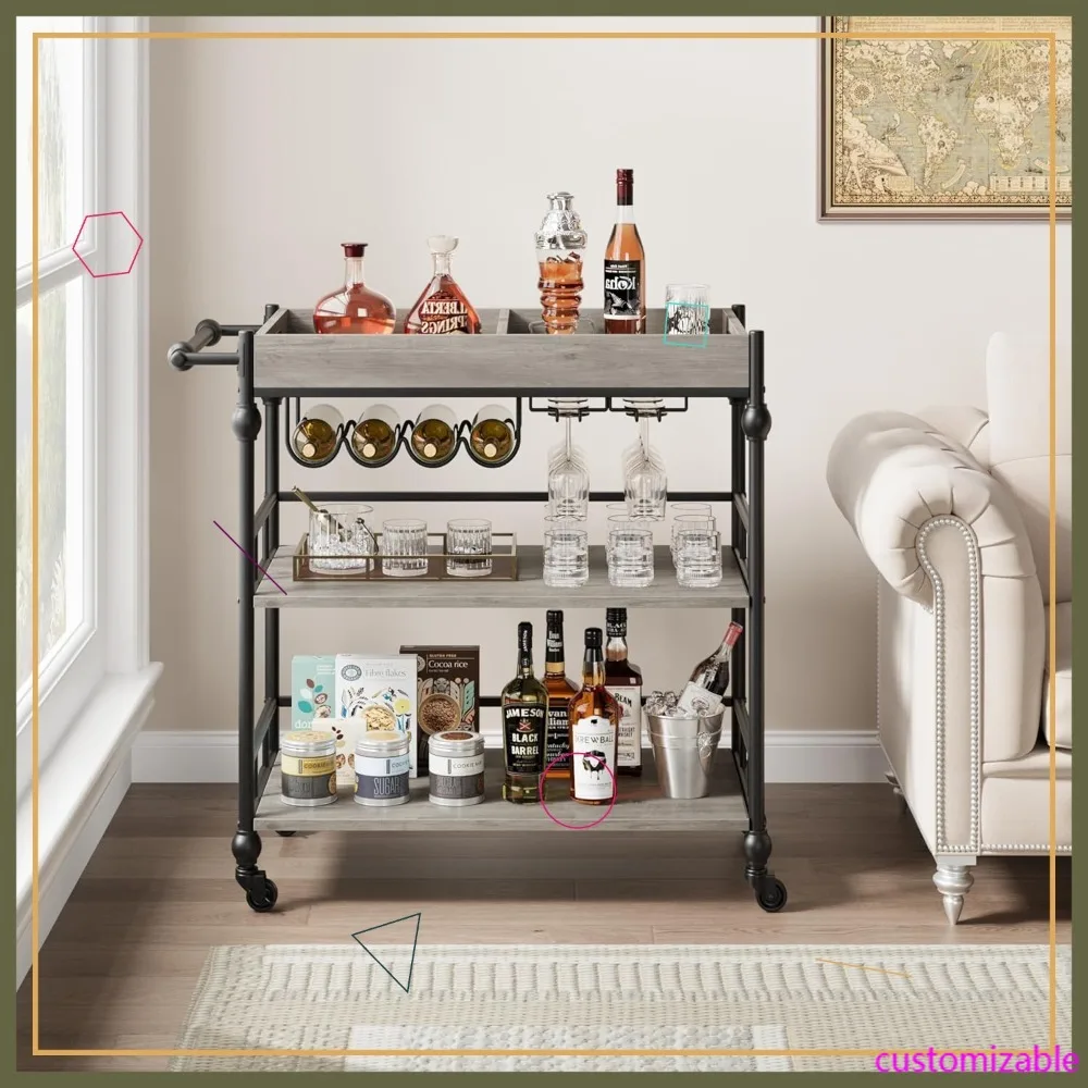 

Трехуровневая передвижная тележка на колесиках с подставкой для вина и держателем для бокалов, съемным подносом для кухни, столовой, гостиной - серая