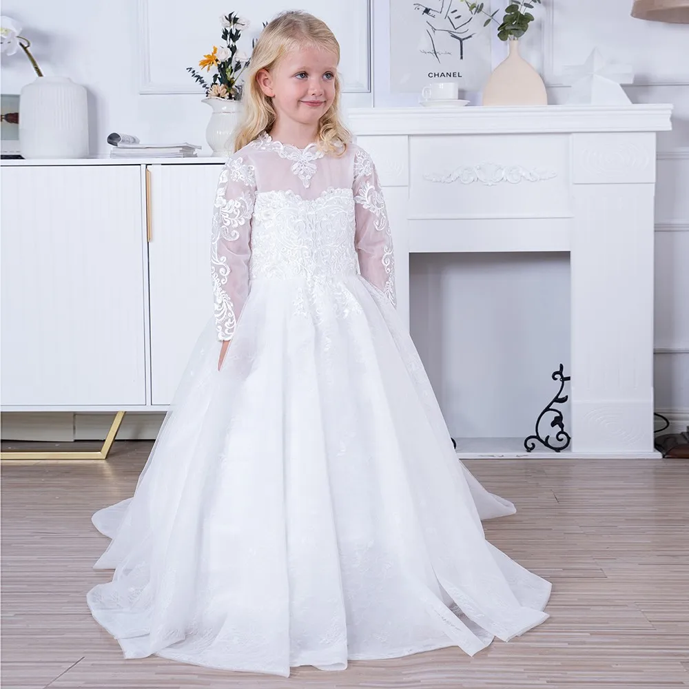 Spitze Hochzeit Brautjungfer Kleid Mädchen Prinzessin Kleid mit Zug Langarm Applikationen Prinzessin Erstkommunion Kleider Festzug Ball