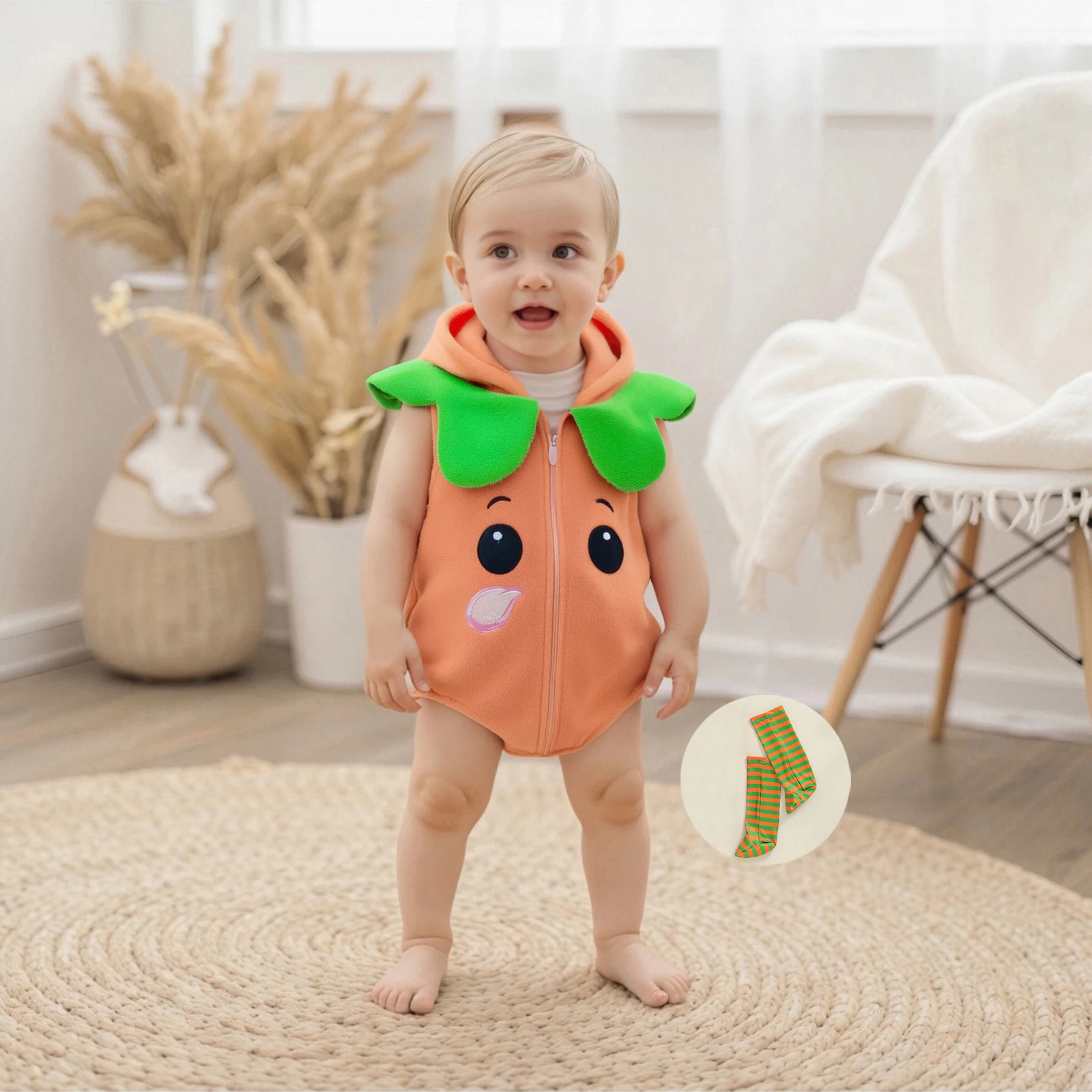 

Baby Halloween Cosplay Costume Boys Girls Sleeveless Pumpkin Romper with Striped Socks