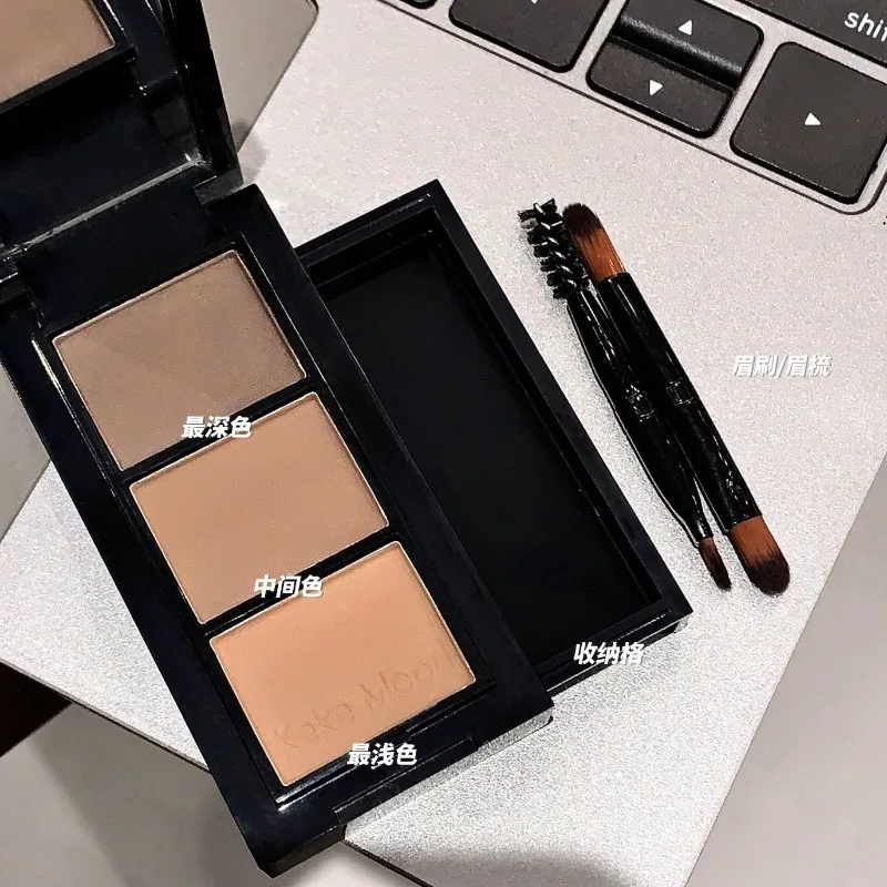 Paleta de polvos para cejas de tres colores con cepillo para cejas, maquillaje profesional resistente al agua y al sudor, polvo para cejas de larga duración
