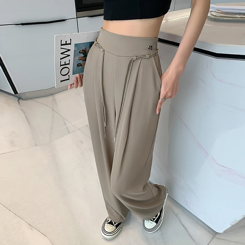 2023 Summer New Women\'s Fashion Temperament Solid Color Drawstring High Waist Casual Straight Loose Dragging Wide Leg Pants