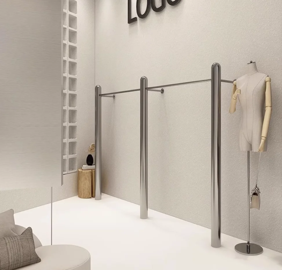 High-end clothing display rack floor hanger stainless steel brushed women's clothing store on the wall hanging rod display cloth