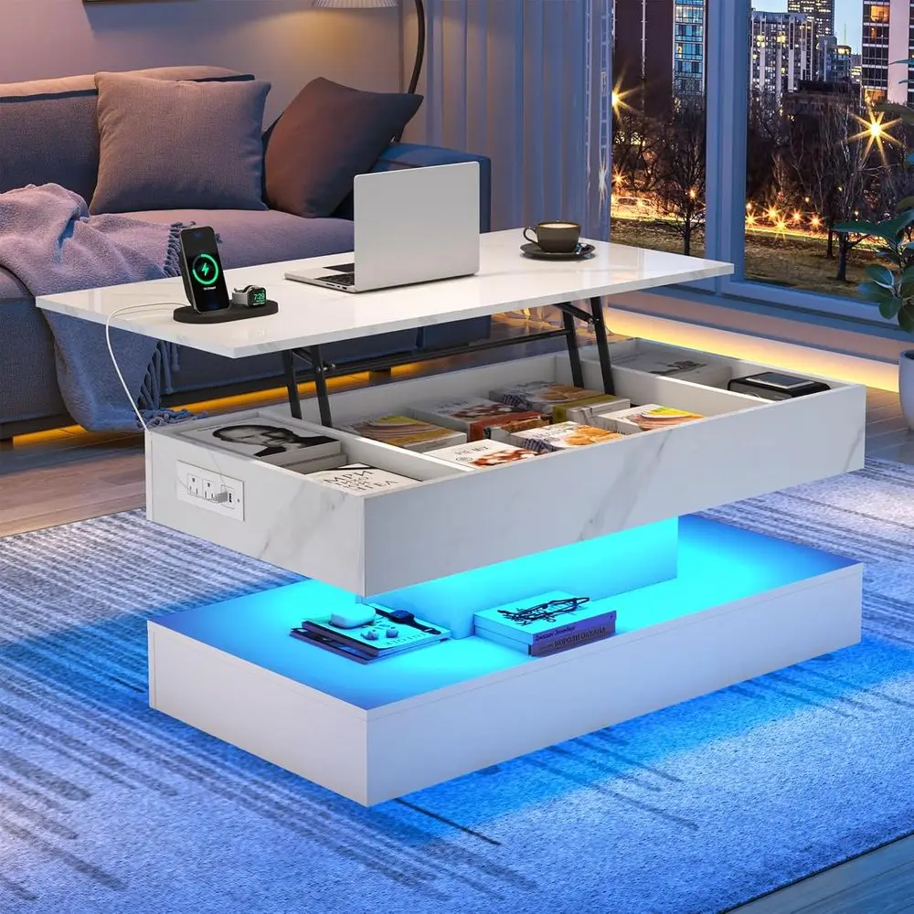 

Illuminated LED High Gloss Coffee Table with Storage and Charging Station, White