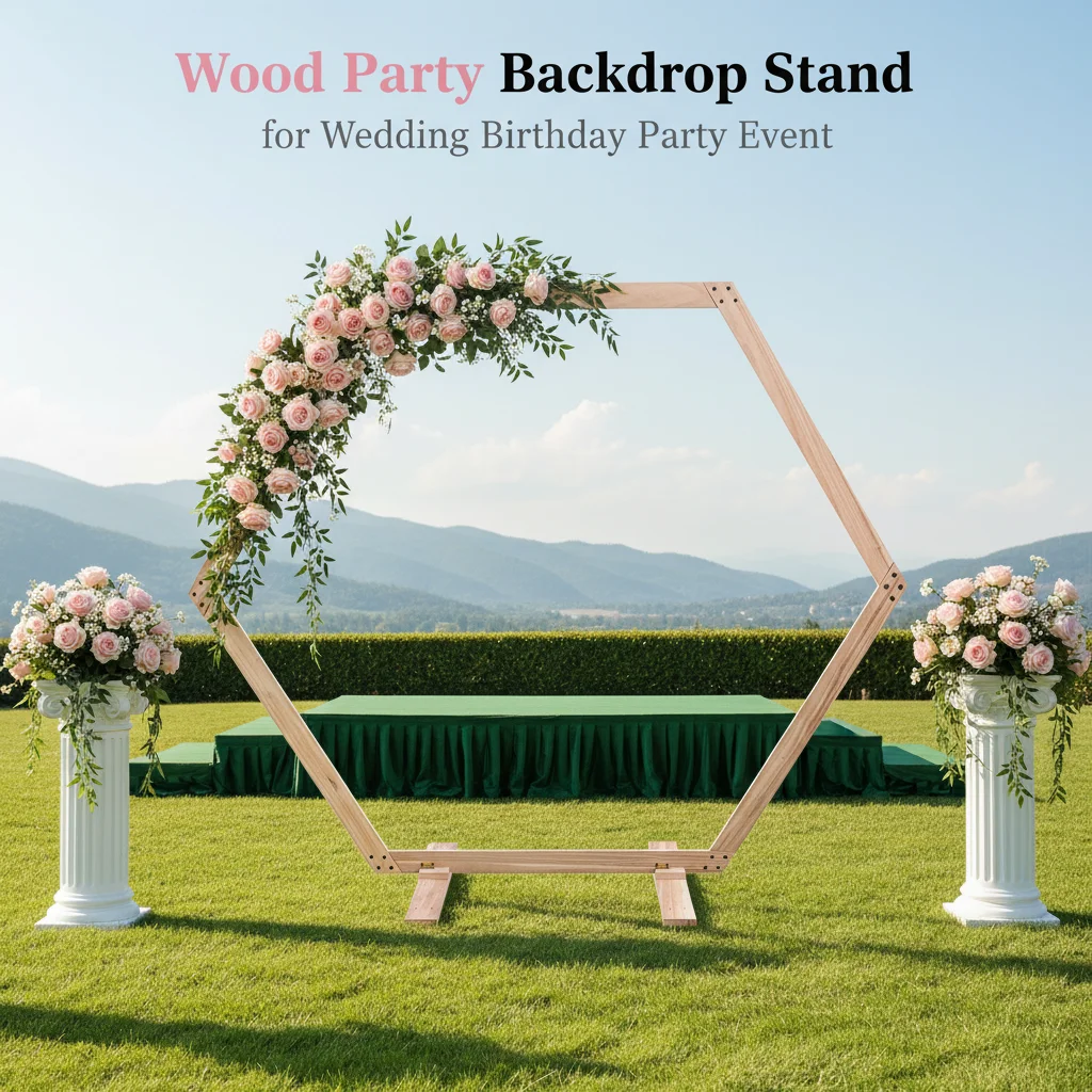 

Hexagonal Backdrop Stand 2.15*1.85m Retro Wedding Wooden Arch Frame DIY Background Rack for Photo Outdoor Indoor Event Ceremony Decoration