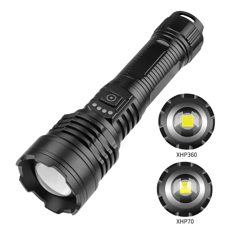 

XHP70 XHP360 Led Flashlight High Power 2500LM Torch 18650 26650 Tybe-C USB Rechargeable Light Display Powerful Lamp Black Hiking