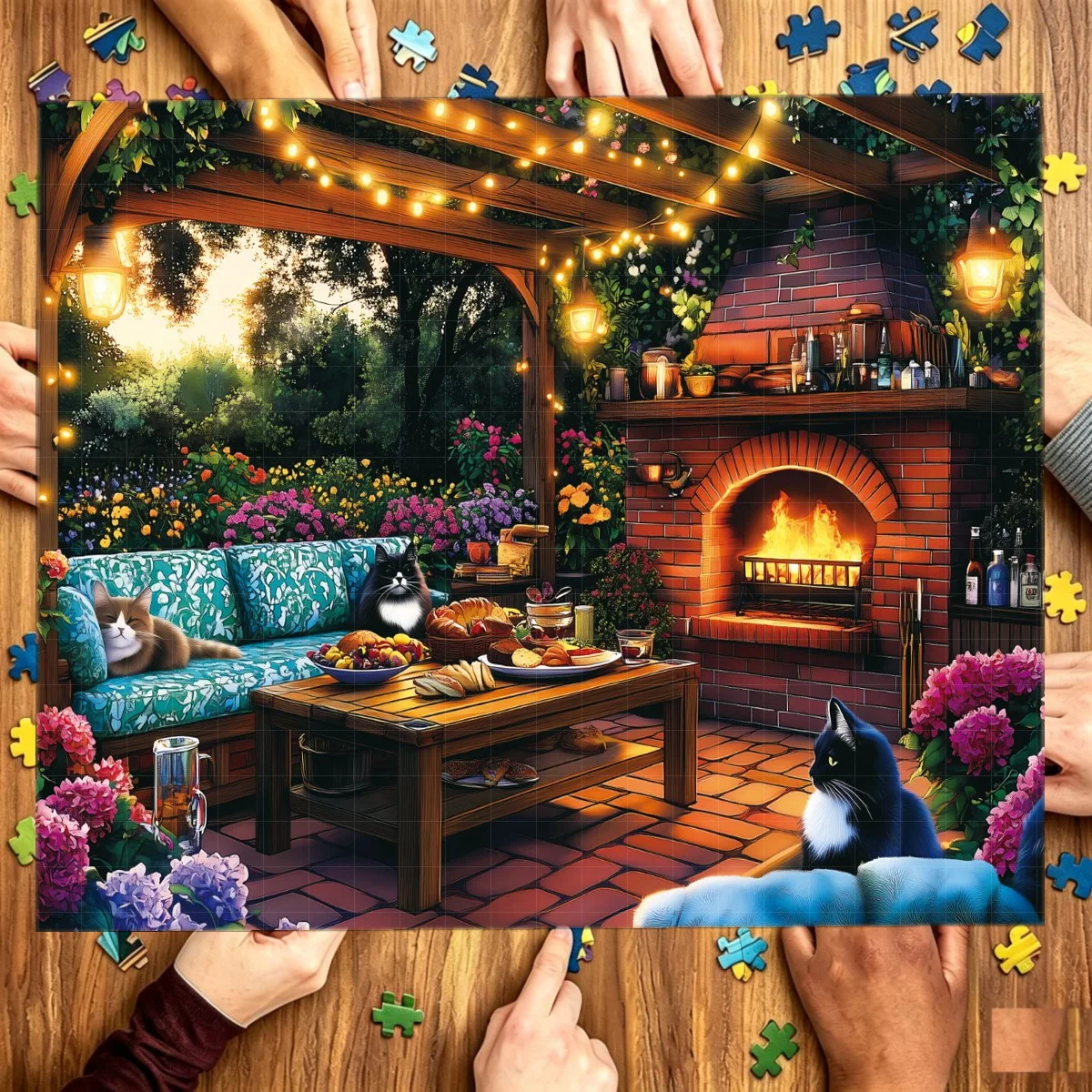 1 Box 1000 Piece Jigsaw Puzzle, Cozy Cats on the Patio at Night, Funny Animal Art Puzzle, Fun Family Puzzle Game