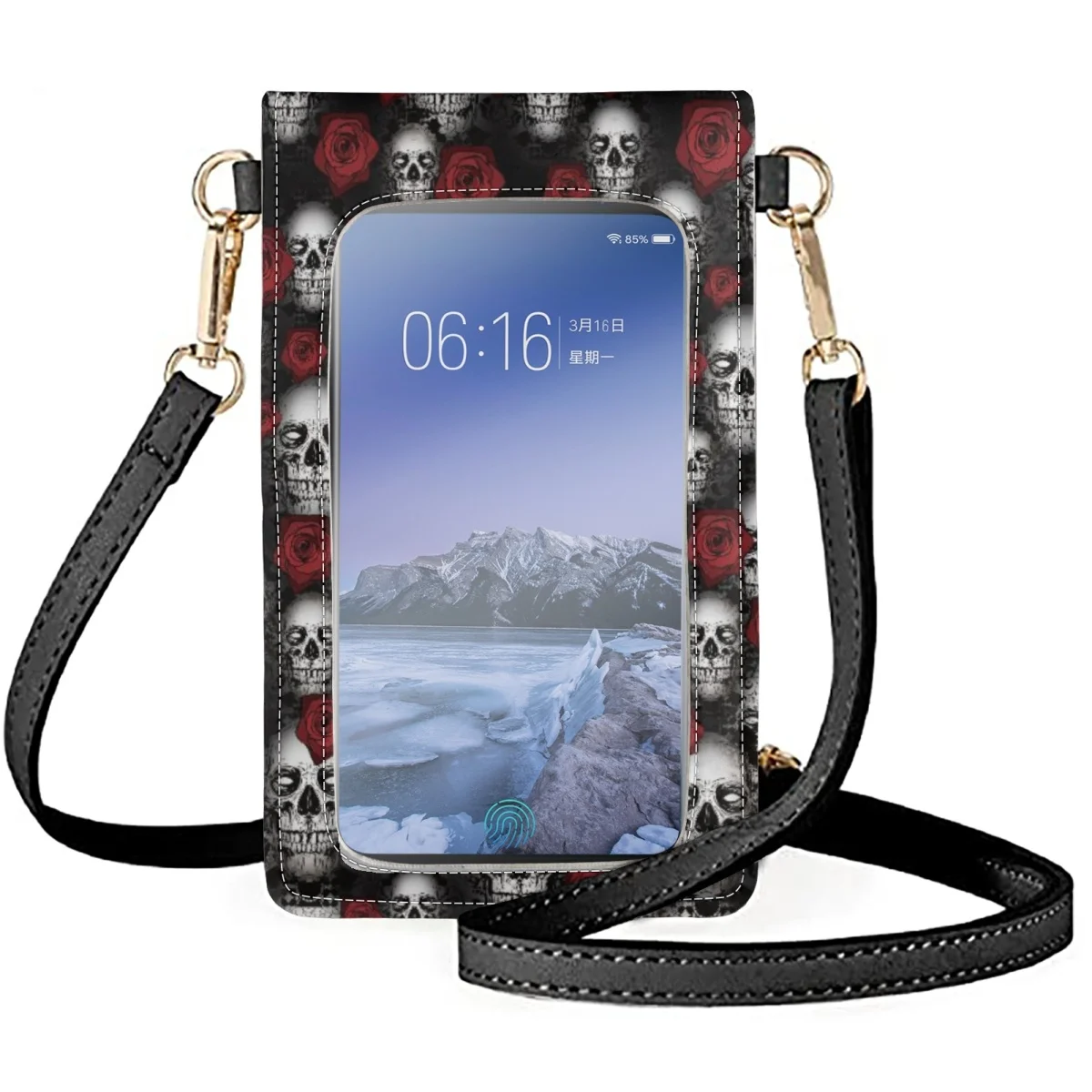 FORUDESIGNS Scary Skulls Roses Lady Cell Phone Bag Trendy Style Flip Mobile Phone Bags Wrist Pack Ladies Cosmetic Organizer