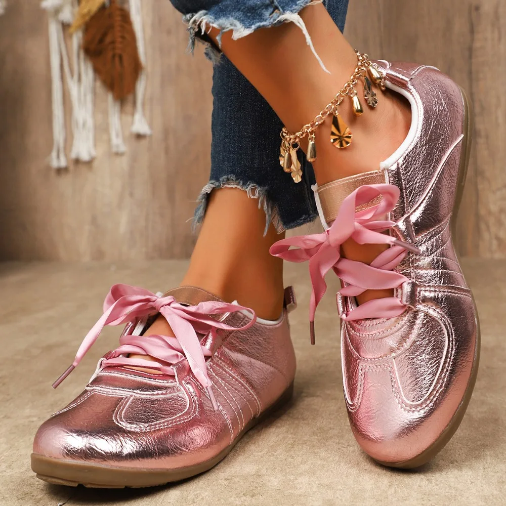 

Sweet Ribbon Bowknot Ballet Flats for Women Plus Size 43 Gold Silver Platform Sneakers Woman Comfortable Soft Bottom Flat Shoes