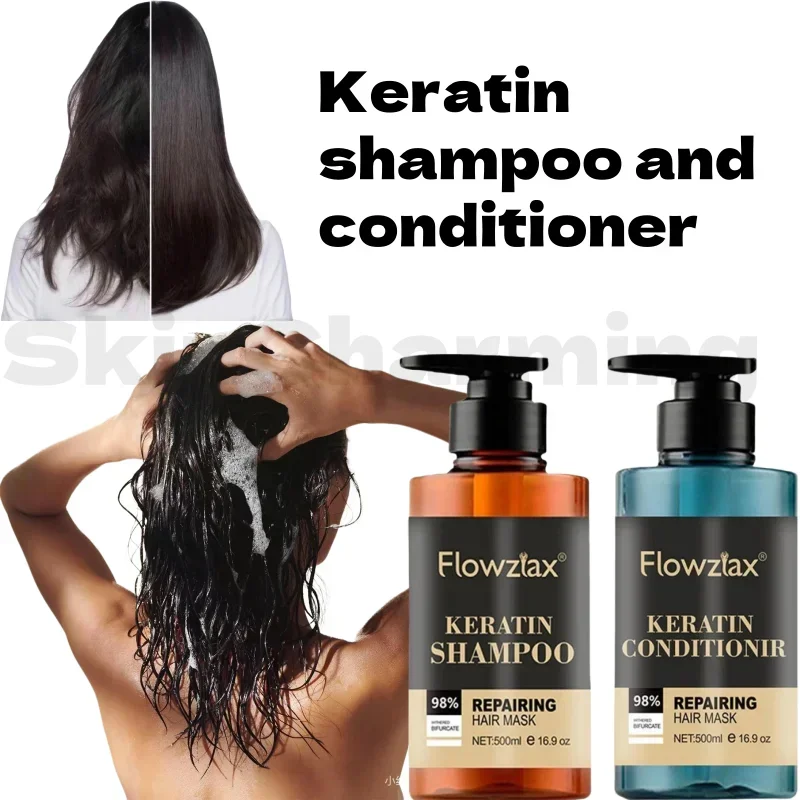 Keratin Shampoo and Conditioner Set Thickening Treatment for Dry Damaged Curly Frizzy Straight Color Treated Hair Anti Frizz