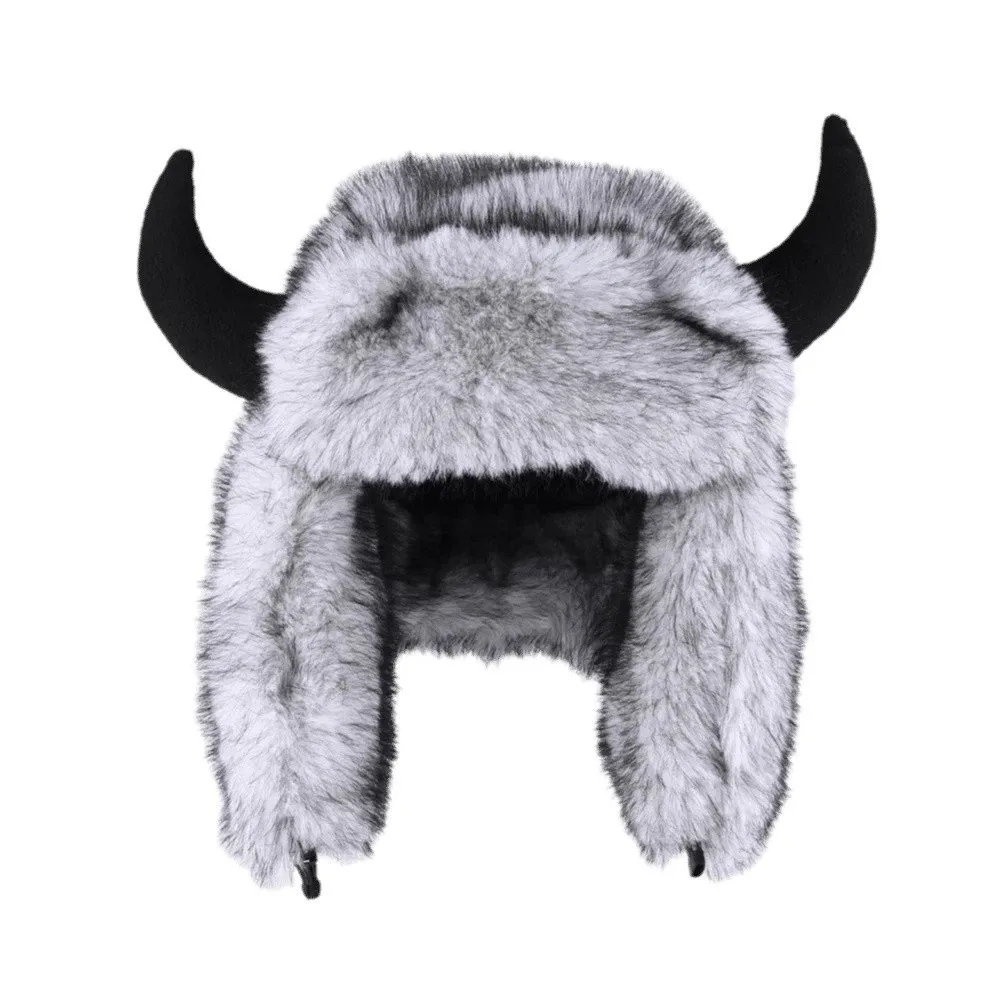 Mink Texture Faux Fur Hat Thickened Lining Adjustable Strap Ear Flap Headwear Windproof Fabric Soft Touch Bull Horns Bonnet