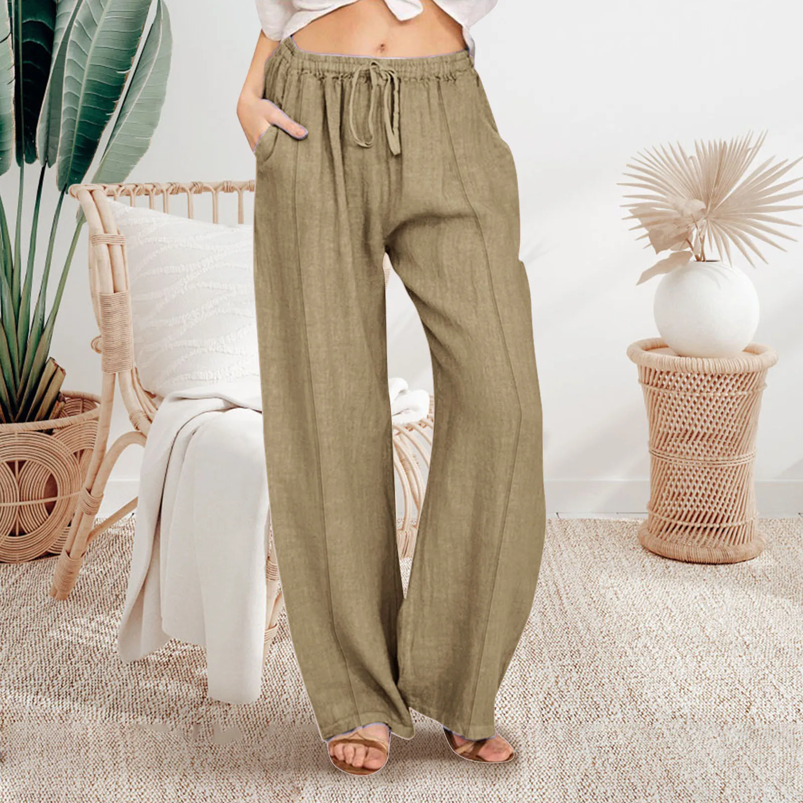 Women Full Length Shorts Cotton Linen Straight Wide Leg High Waist Loose Fit Drawstring Trousers Casual Large Size Long Pants