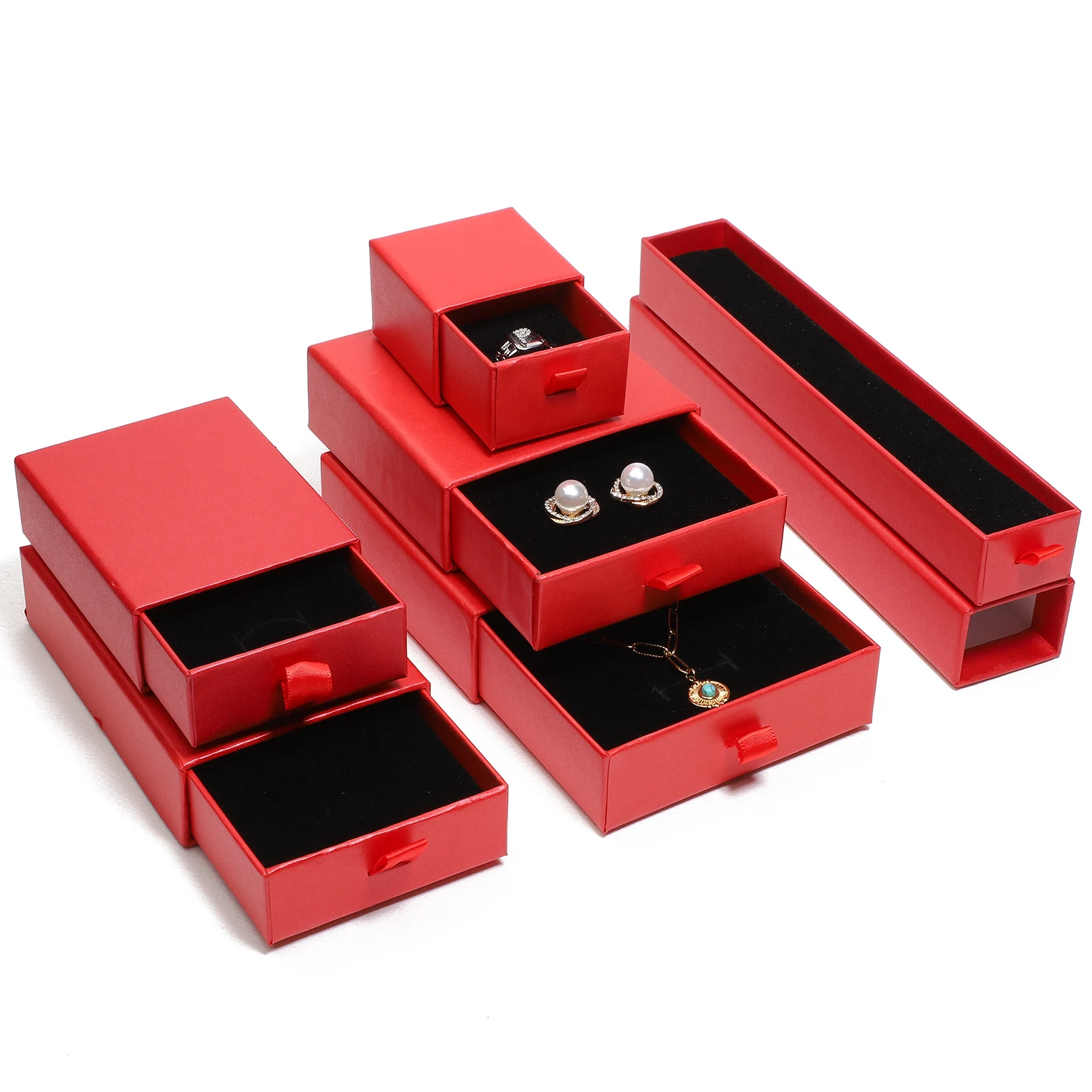 Shiny Red Carton Drawer Jewelry Boxes Earrings Rings Jewelry Packaging Case Necklace Bracelet Paper Jewellery Storage Organizer