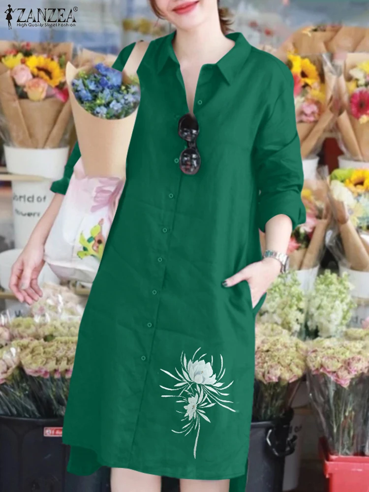 スタイリッシュなラペルネック長袖シャツワンピース 2025 ZANZEA 秋プリントワンピース レディース オフィス サンドレス カジュアル ハイロー ワークドレス