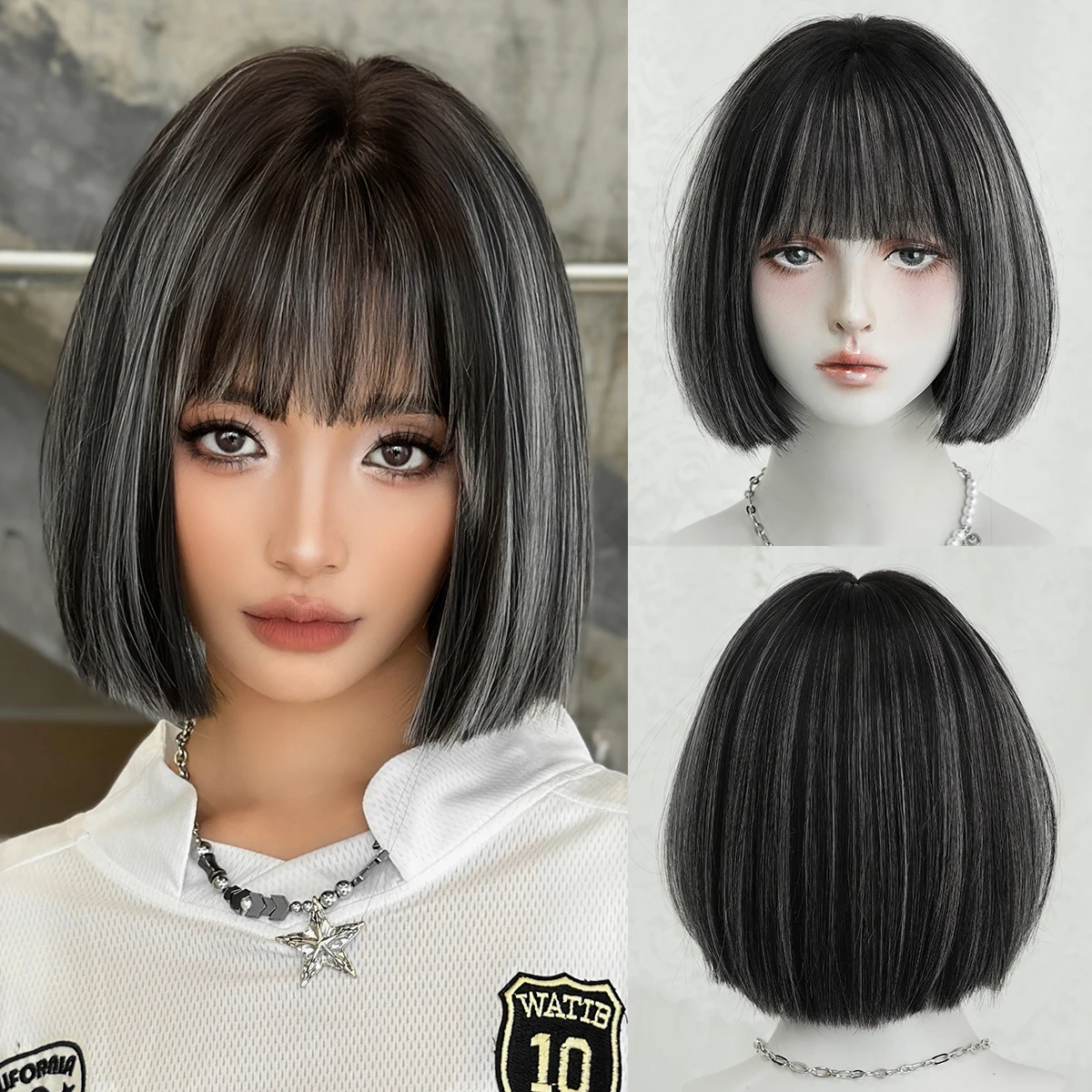 7JHH WIGS Kurze, glatte, schwarze Perücke mit weißen Highlights für Damen, synthetische, modische, sofort tragbare Bob-Perücken mit ordentlichem Pony