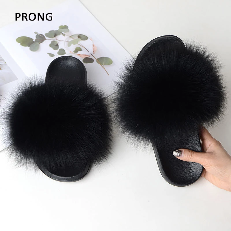 Women Real Fur Slippers Summer Indoor Fox Fur Slides Cute Non-slip Furry Slippers Woman Flat Floor Home Shoes Ladies Flip Flops