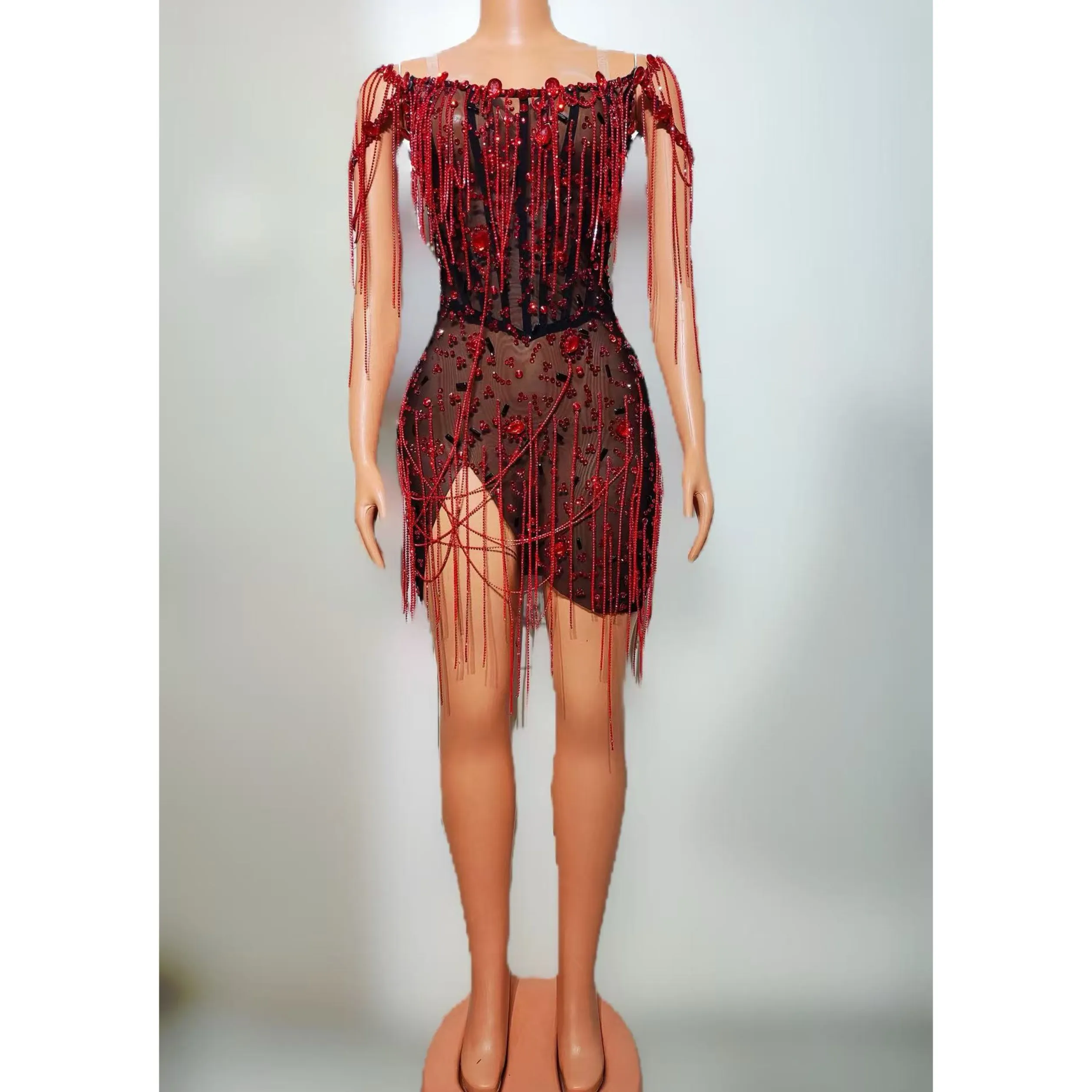 2025 Party Dress seksowna diamentowa siateczka sukienka z frędzlami klub nocny Bar Dj Fringe kostiumy na występy Gogo tancerz strój sceniczny DN20028