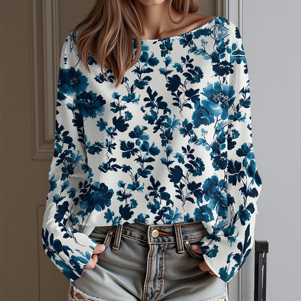 Wiosenna moda damska, koszulka z pastelowymi kwiatami, długi rękaw, akwarelowy wzór, top z motywem dmuchawca i stokrotki. ​   Bluzka w stylu boho w kolorze niebieskim do noszenia na co dzień ​