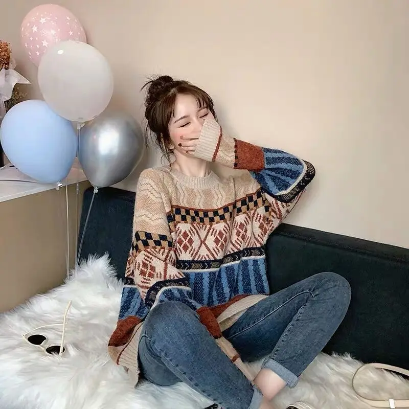 

Autumn Winter New Round Neck Long Sleeve Fashion Sweater Women High Street Loose Printing Pullovers Vintage Y2K All-match Tops