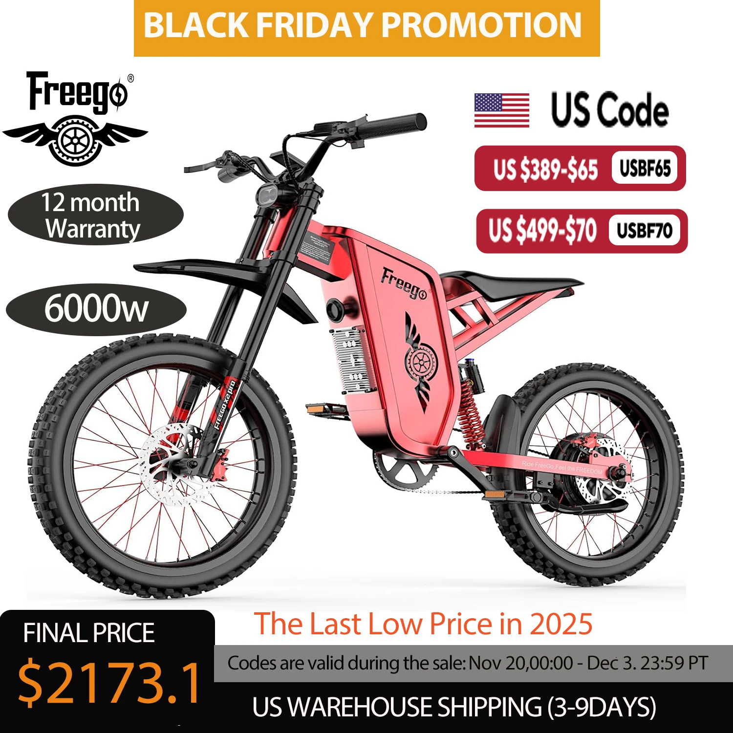 

Four-Piston Hydraulic Brake Electric Dirt Bike 6000W Electric Motor 60V/30Ah 50MPH/7 Speed Off Road E-Bicycle Full Suspension