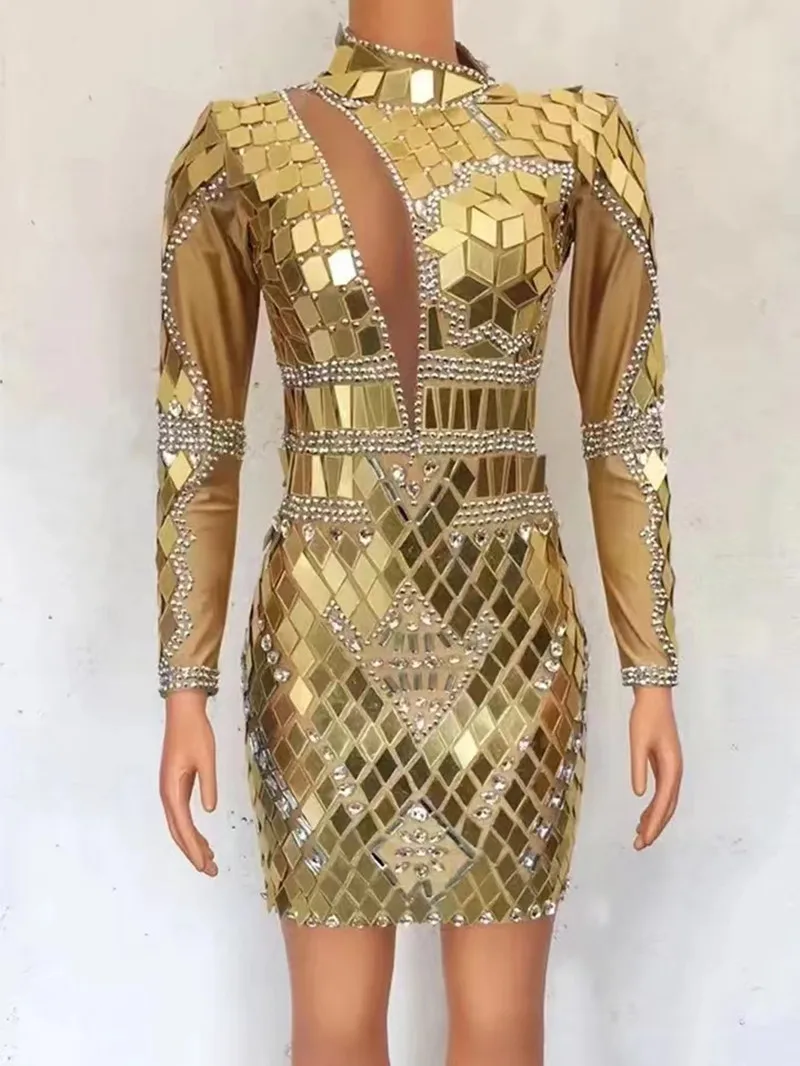 Blinkendes silbernes Pailletten-Kurz-Mesh-Kleid, Geburtstag, Feiern, Spandex-Spiegel-Outfit, Abschlussball, Party, Bar, Damen, Tänzerin