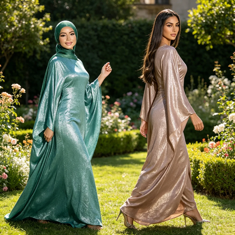 

Eid Women Kaftan Shiny Abaya Dubai Muslim Maxi Dress Ramadan Prayer Batwing Sleeve Dubai Robe Djellaba Jalabiya Turkey Arabic