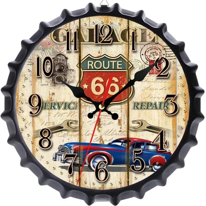 2021 New Wrought Iron Beer Bottle Cap Wall Clock European Creative Metal Retro Decoration Silent Clock 36X36 CM