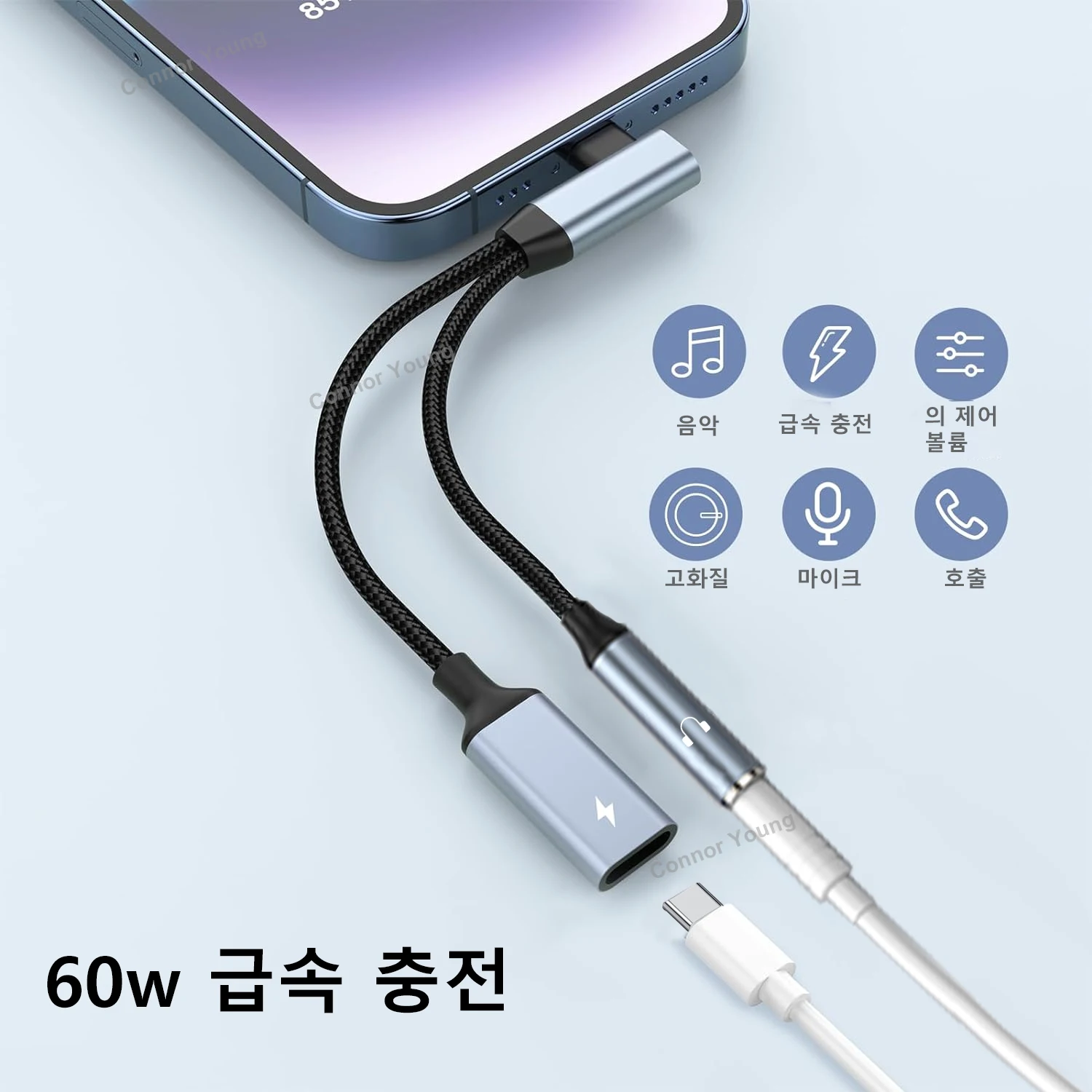 2 IN 1 OTG Elbow USB Type C to 3.5 mm AUX Jack Audio Headphone Adapter Splitter 60W Fast Charging for Samsung Xiaomi iPhone 15