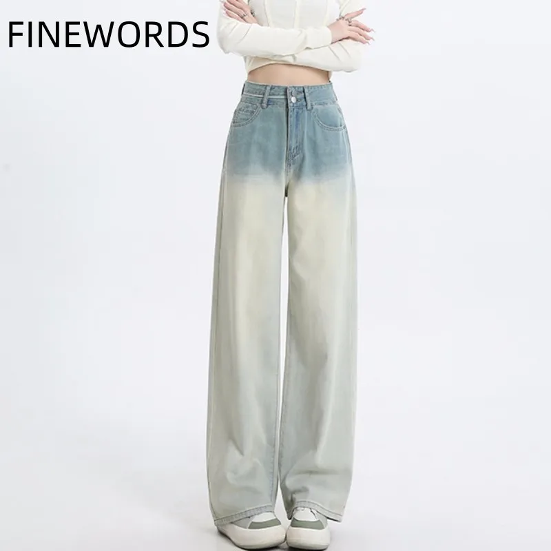 FINEWORDS Vintage Casual Gradual Harajuku Straight Jeans Women Korean High Waist Jeans Washed Full Length Streetwear Loose Jeans