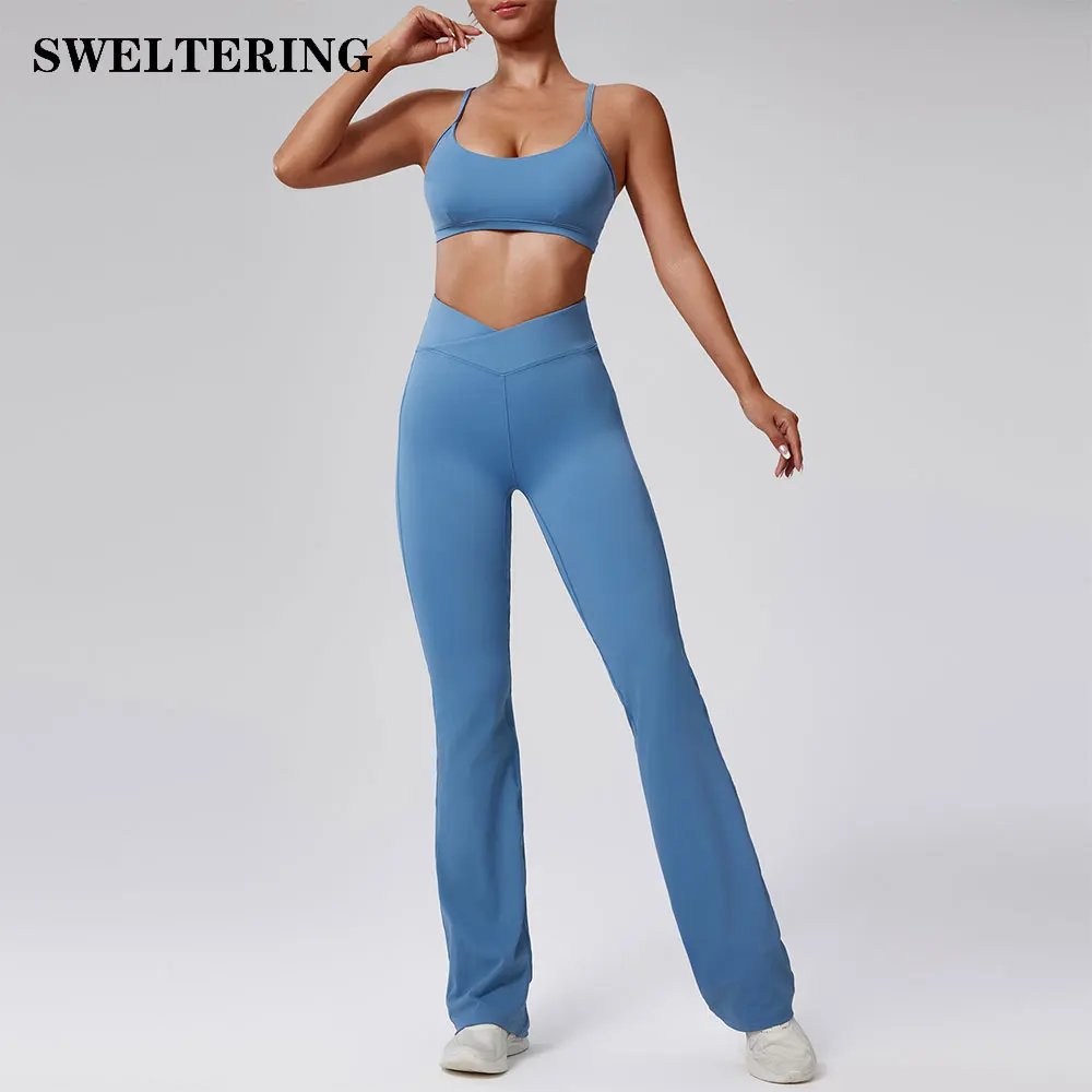 2PCS Yoga Set Workout Sets Women Tracksuit Nude Feeling Gym Push Up Fitness Running Workout Sportwear Sport Bra Bell-bottoms