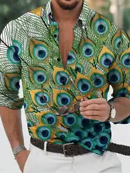 New Trendy Men's Shirt Lapel Button-Down Shirt Peacock Feather Pattern Long Sleeve Top Men's Club Cardigan S-6XL