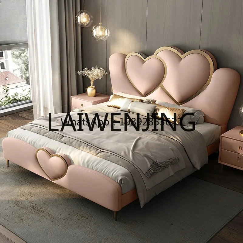 XTC8 Children's Bed Genuine Leather Pink Heart-Shaped Solid Wood Girl Princess Bed