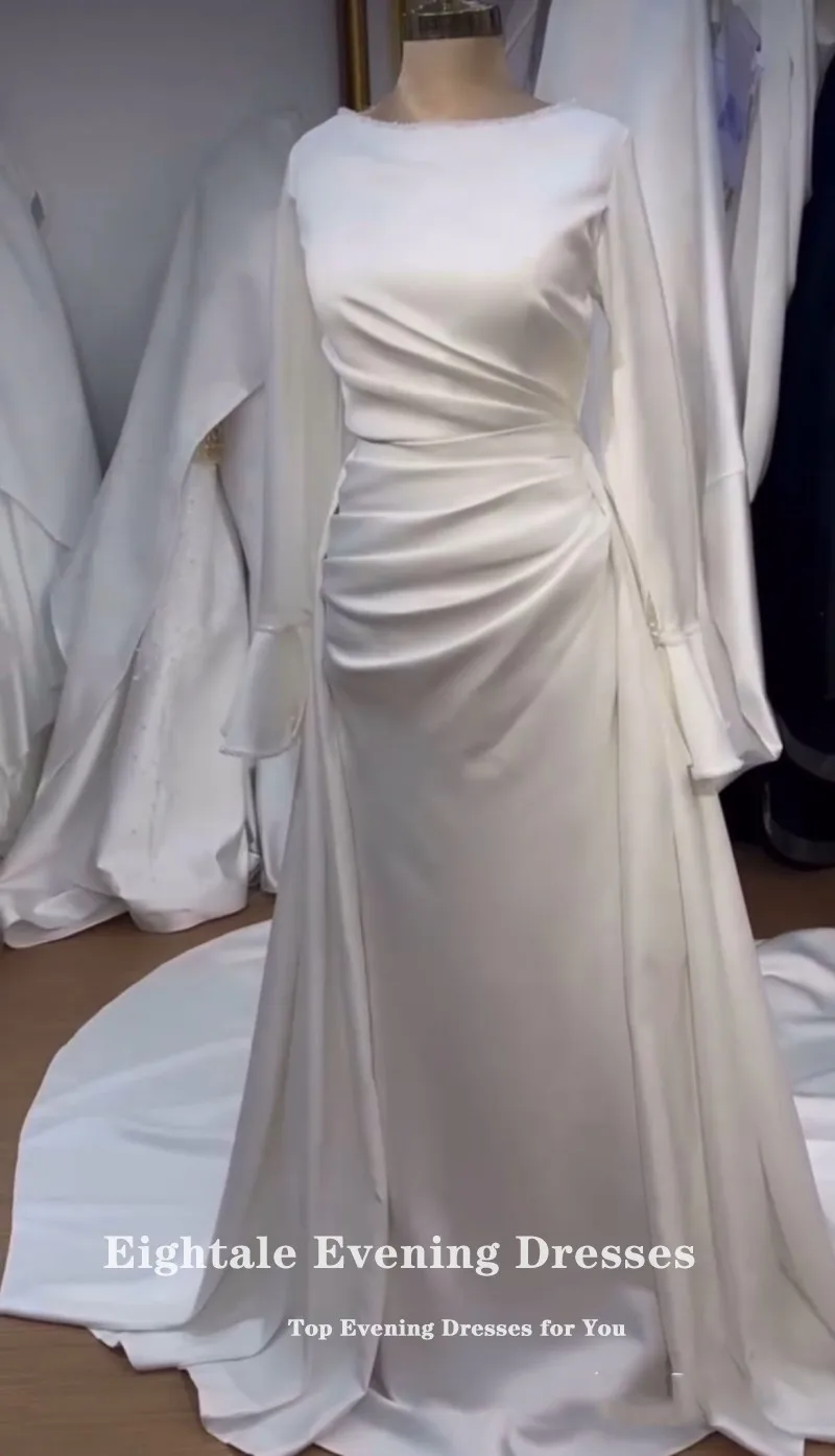 Abito da sposa arabo Eightale Abito da sposa personalizzato con o-collo avorio maniche lunghe con perline Abito da sposa con sirena musulmana