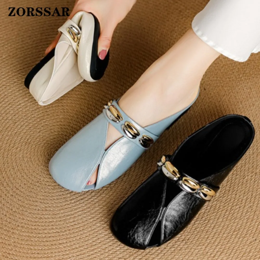 

Женские кожаные мюли с квадратным носком, без задника, с металлической пряжкой, удобные слипоны для повседневной носки, модные сандалии для женщин