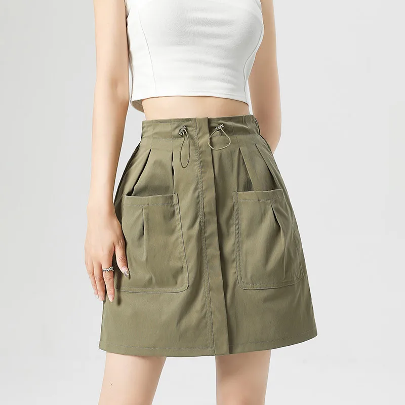 Elastic Waist Drawstring Skirts American Retro Streetwear Large pocket Cargo Skirt A- Line Female Mini Skirt Women's Clothing