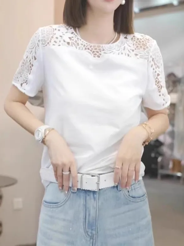 Lace Hollow out Pure Cotton Short Sleeve T-Shirt Women Summer plus Size Slimming round Neck Overhead Shirt Korean Style Commute