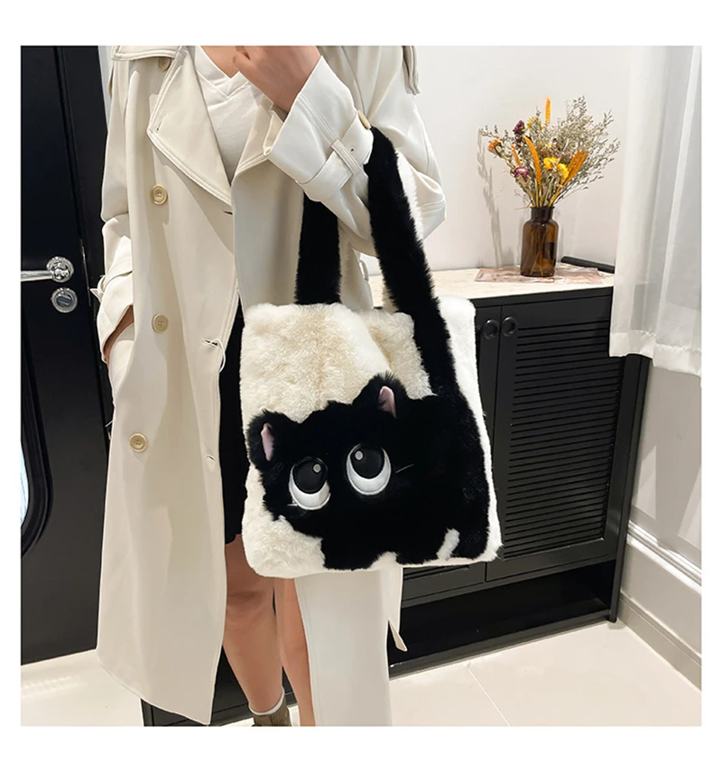 Soft Plush Bag Women Large Capacity Creative Cartoon Tote Handbag Cute Single Shoulder Bag Winter Fluffy Shopping Bag