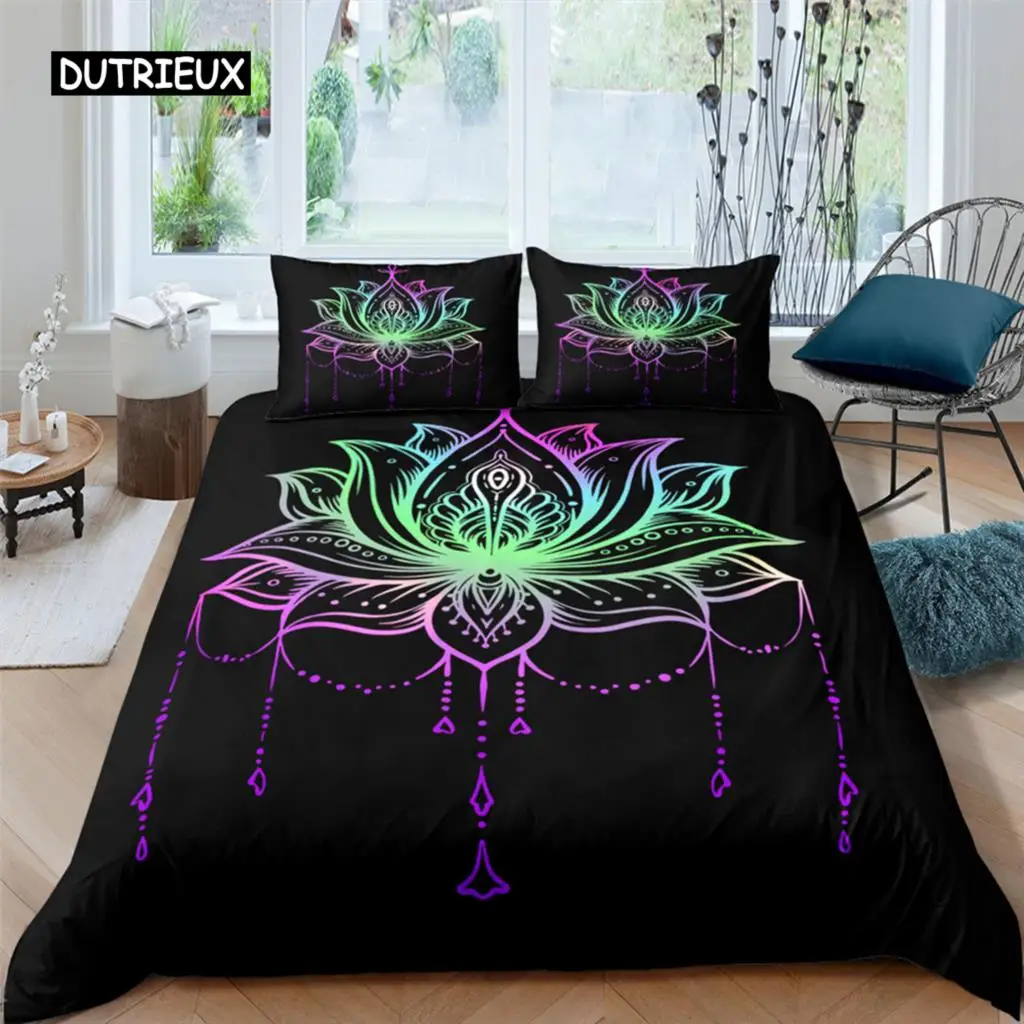 

2/3pcs Bed Set Bohemian Lotus Duvet Cover Set Mandala Flower Quilt Cover Adult Black Polyester Bedding Set Queen King Twin Teens