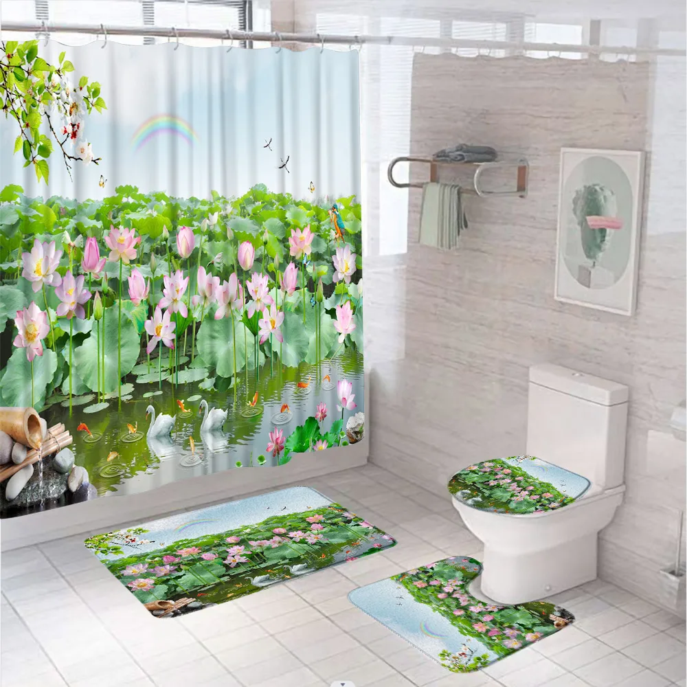 Summer Lotus Leaves Flower Shower Curtain Set For Bathroom Decor Home Garden Pond Bird Swan Carpet Rug Bath Mat Toilet Lid Cover