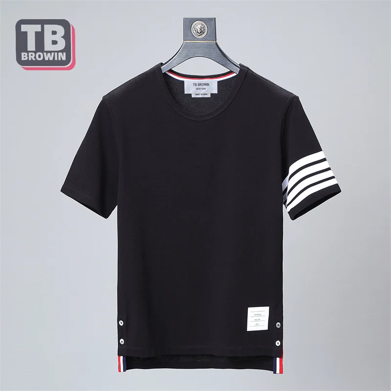 TB four-bar brand men's striped cotton summer round neck short-sleeved T-shirt casual trend couple wear