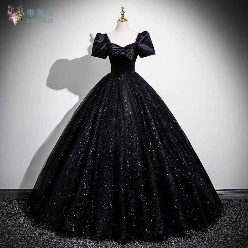 

Vintage Black V Collar Shiny Sequied Fuffy Long Gown Birthday Rave Party Stage Perfermance Fancy Costume Evening Formal Occasion