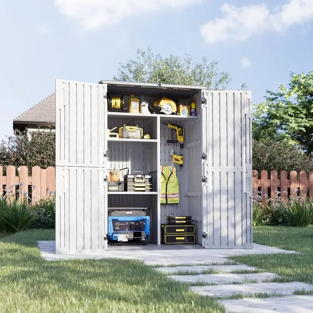 64-Cubic Foot Outdoor Storage Shed with Shelving, Waterproof Cabinet, Trash Cans, Lawn Mowers, Generator, and Garden Tool Storag