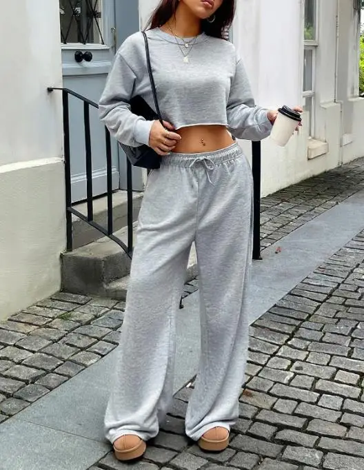 

2026 Spring New Fashion Y2K Spicy Girl Style Solid Color Round Neck Open Umbilical Curled Edge T-Shirt Straight Pants Set
