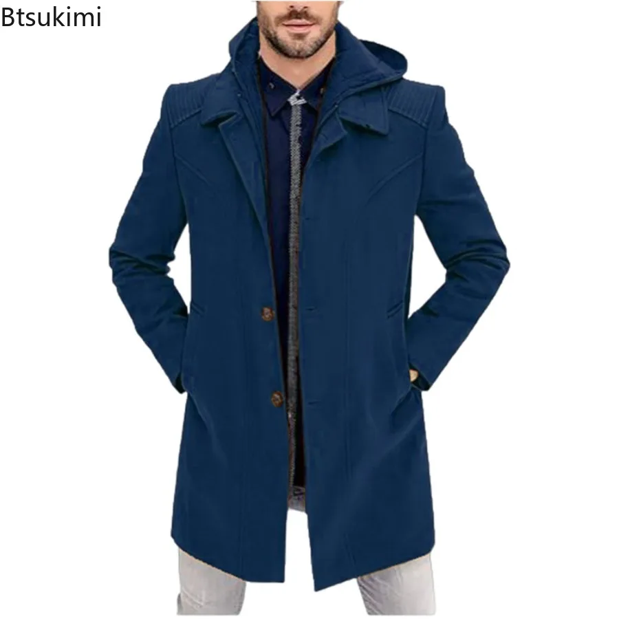 New 2025 Men's Autumn Winter Warm Woolen Jackets Fake Two Pieces Hooded Trench Coats Single Breasted Windbreaker Jackets Male