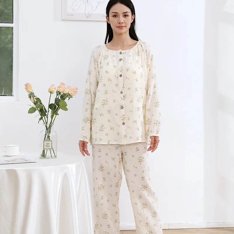 Pure Cotton Nightie For Maternity Hospital Long Sleeve Sleepwear Autumn Monthly Clothing 2-Piece Breastfeeding Pajamas