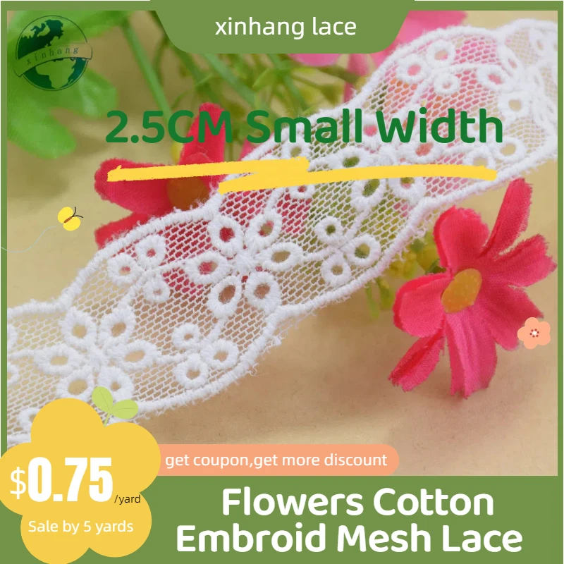 

5yards 2.5cm white lace cotton embroidery lace french lace ribbon fabric guipure diy trims warp knitting sewing Accessories#3691