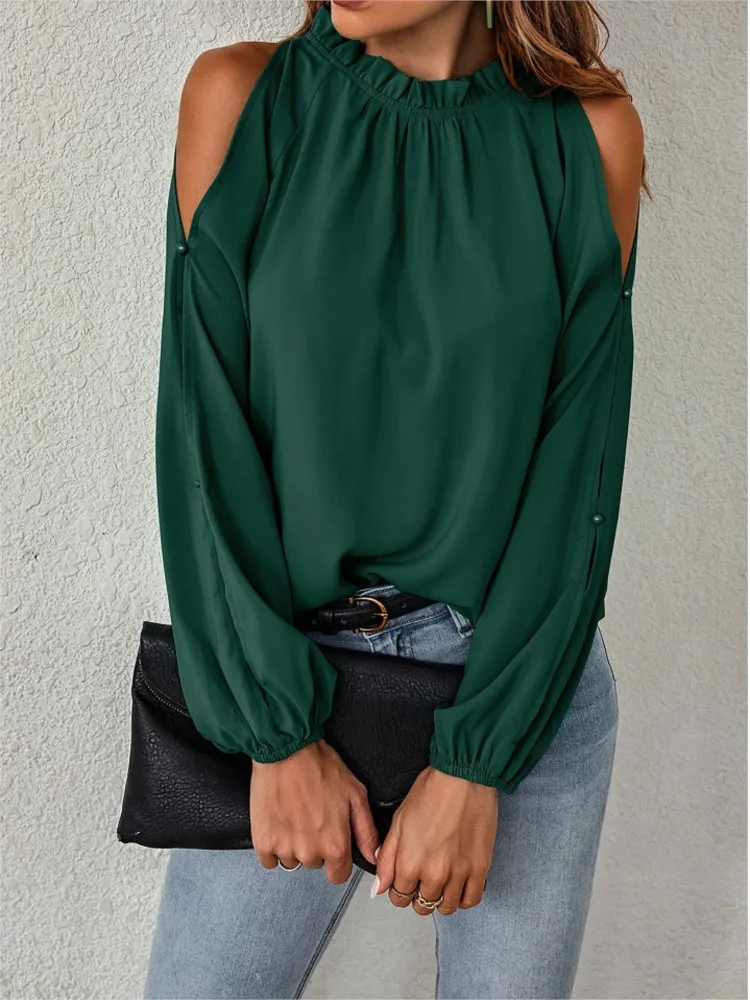 Elegant Half Turtle Neck Long Sleeve Top Women's Fashion Autumn Solid Color Ruffled Off-Shoulder Loose Casual Blouse Tops Female