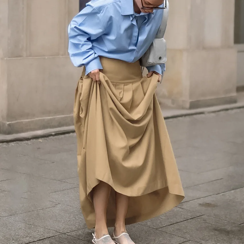 Saia plissada feminina primavera retro francês indústria pesada cáqui plissado em forma de saia média e longa