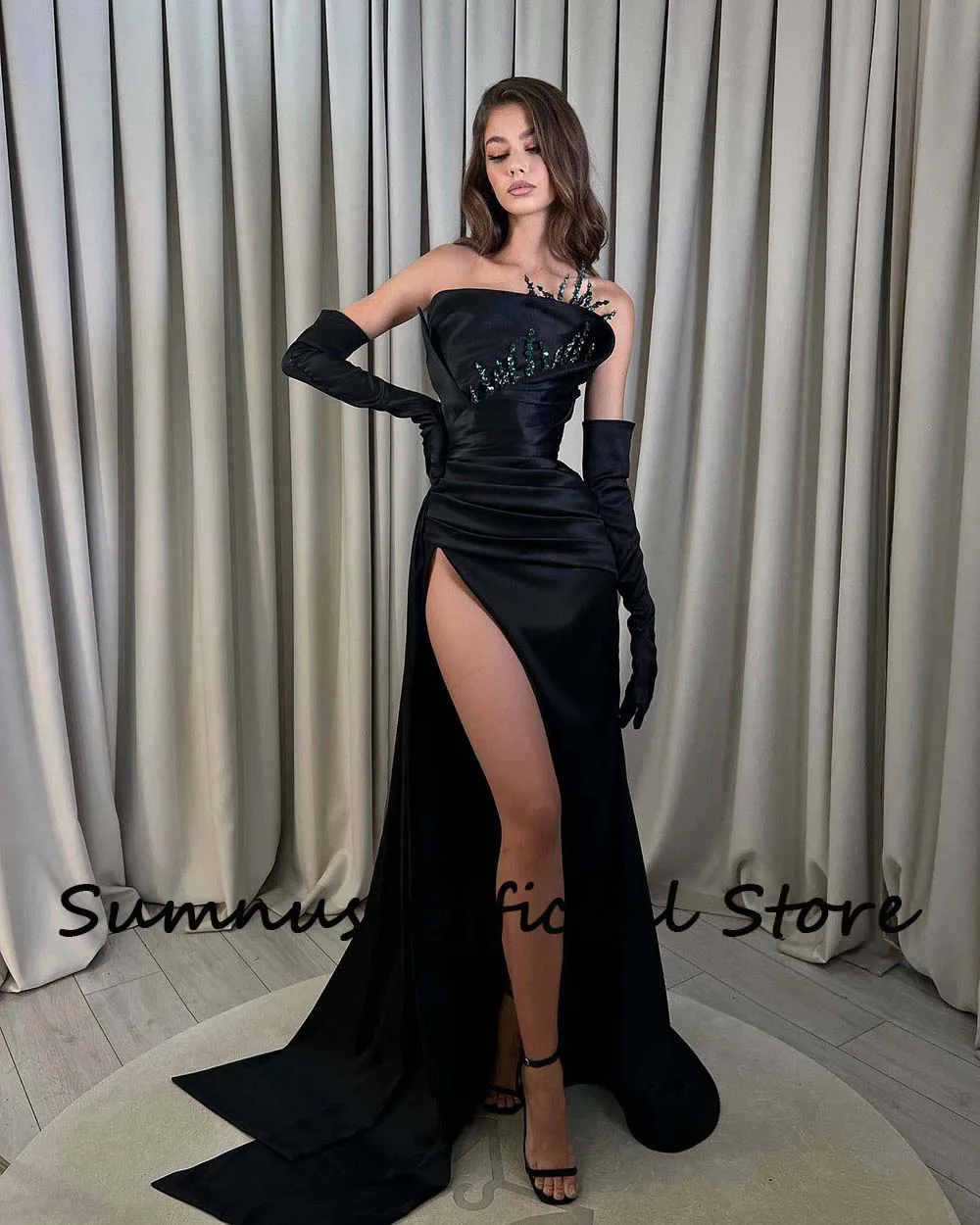 Sumnus Black Mermaid Party Dresses Elegant Beads Strapless Pleats Satin Sexy High Split Prom Dress Customized Event Gowns