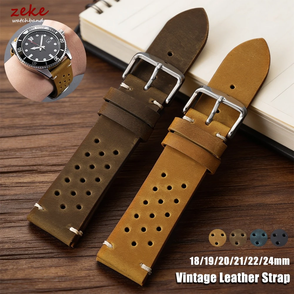 Vintage Racing Leather Watch Band 18mm 19mm 20mm 21mm 22mm 24mm for Seiko Watches Strap Black Brown Breathable Porous Watchbands